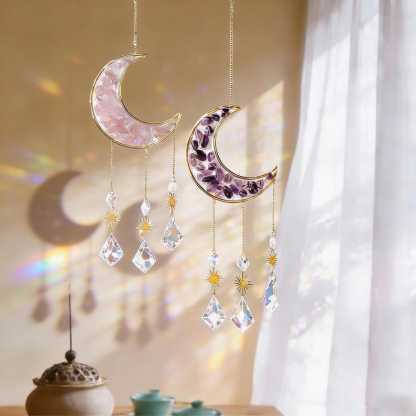 Crescent Moon Crystal Suncatcher Hanging | Rainbow Maker, Boho Home Décor, Wind Chime, Valentine’s Day Gift, Spiritual Wall Art