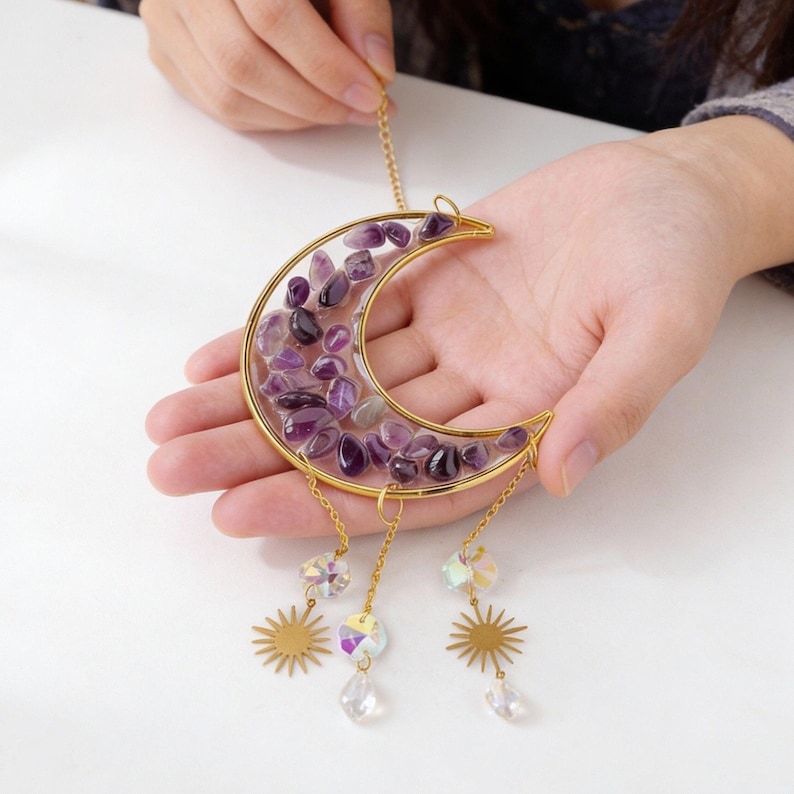 Crescent Moon Crystal Suncatcher Hanging | Rainbow Maker, Boho Home Décor, Wind Chime, Valentine’s Day Gift, Spiritual Wall Art