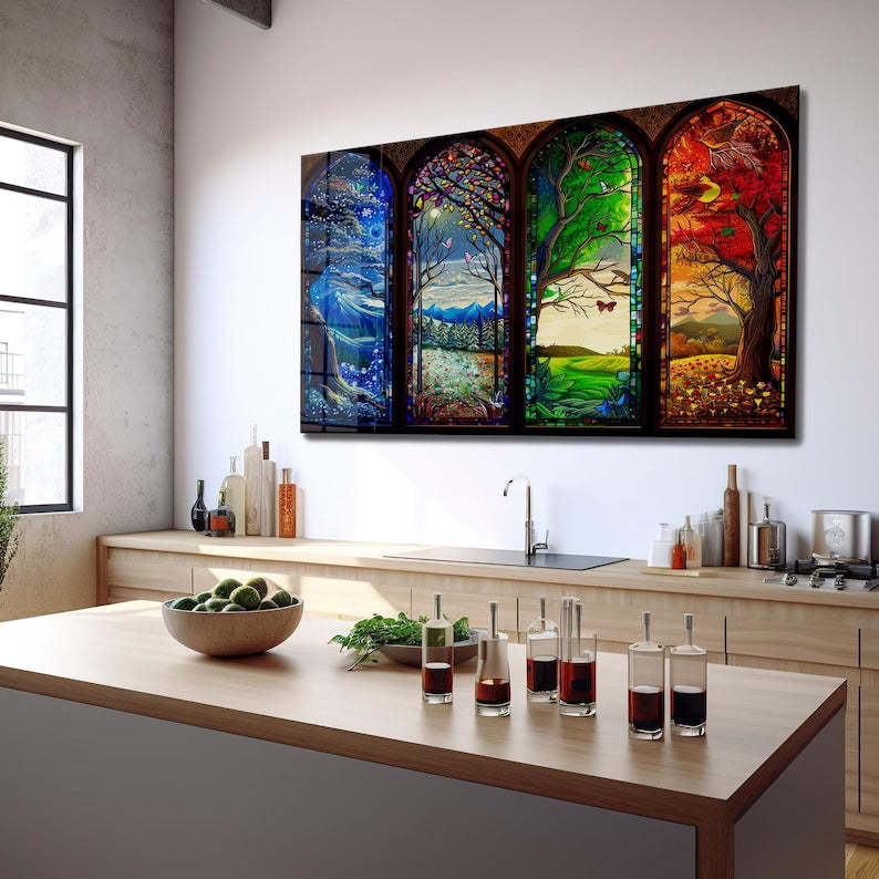 Four Seasons Glass Wall Art – Stained Style Nature Print