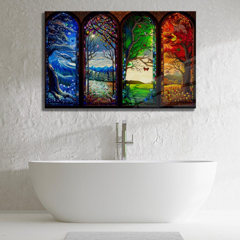Four Seasons Glass Wall Art – Stained Style Nature Print