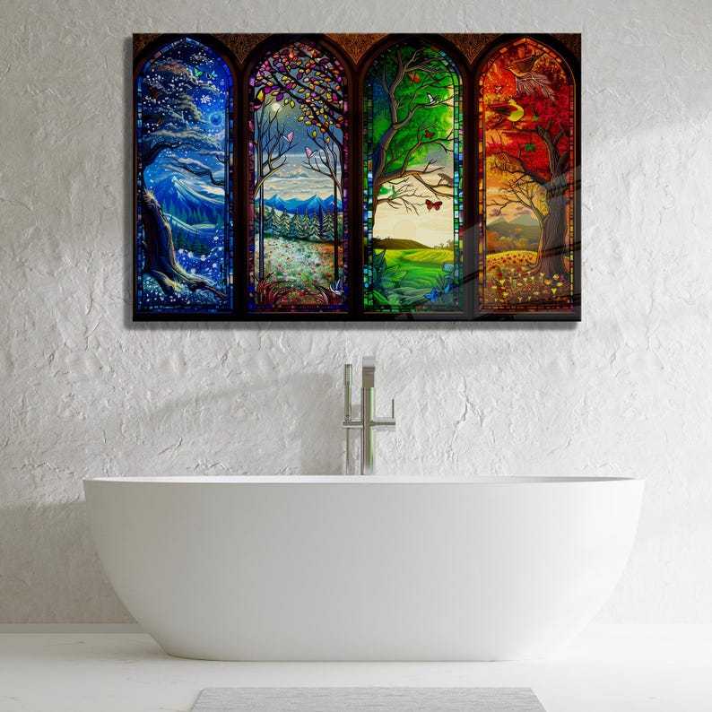 Four Seasons Glass Wall Art – Stained Style Nature Print