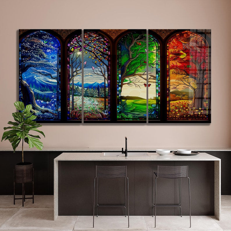 Four Seasons Glass Wall Art – Stained Style Nature Print