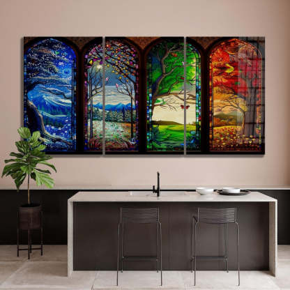 Four Seasons Glass Wall Art – Stained Style Nature Print