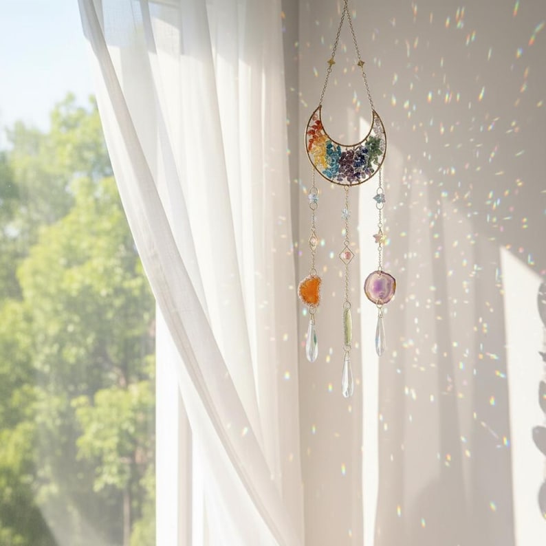 Crystal Suncatcher Colorful Moon Rainbow Window Boho Healing Decor