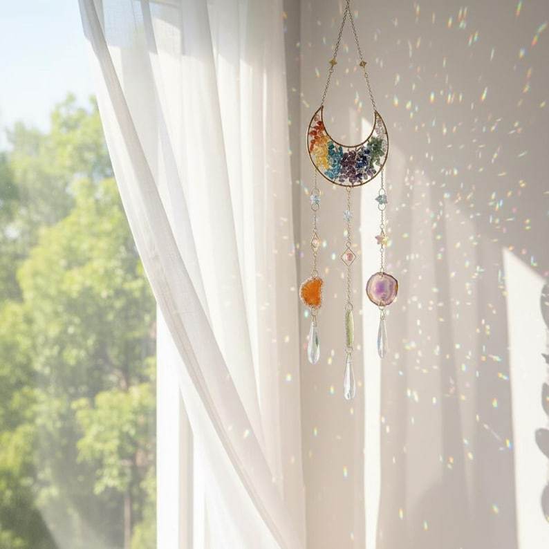 Crystal Suncatcher Colorful Moon Rainbow Window Boho Healing Decor