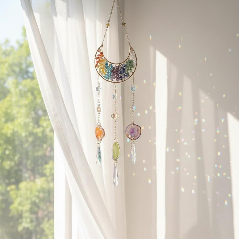 Crystal Suncatcher Colorful Moon Rainbow Window Boho Healing Decor