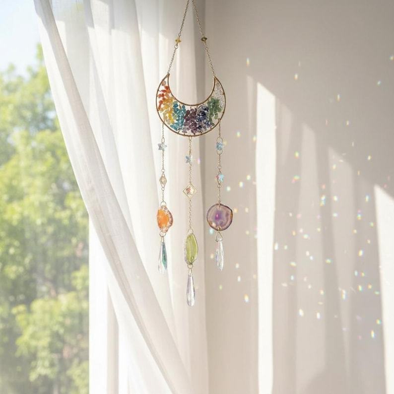 Crystal Suncatcher Colorful Moon Rainbow Window Boho Healing Decor