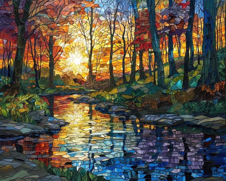 Stained Glass Forest River Tempered Wall Art | Tree Painting Print | Landscape Sunset Lake Glass Wall Art