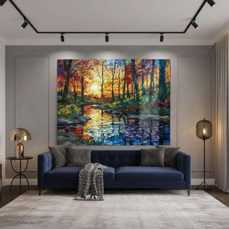 Stained Glass Forest River Tempered Wall Art | Tree Painting Print | Landscape Sunset Lake Glass Wall Art