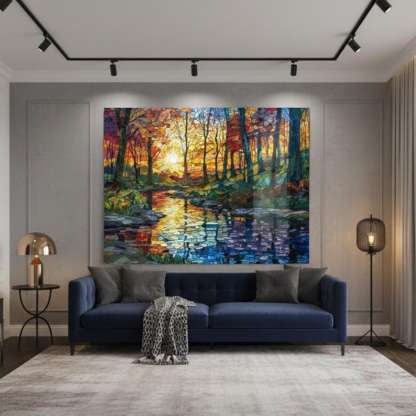 Stained Glass Forest River Tempered Wall Art | Tree Painting Print | Landscape Sunset Lake Glass Wall Art