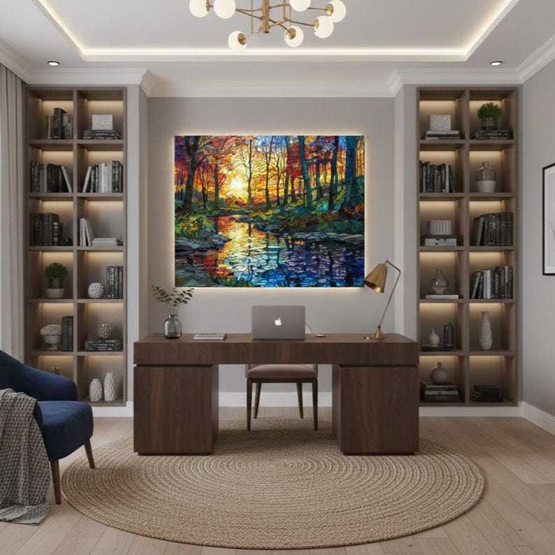 Stained Glass Forest River Tempered Wall Art | Tree Painting Print | Landscape Sunset Lake Glass Wall Art