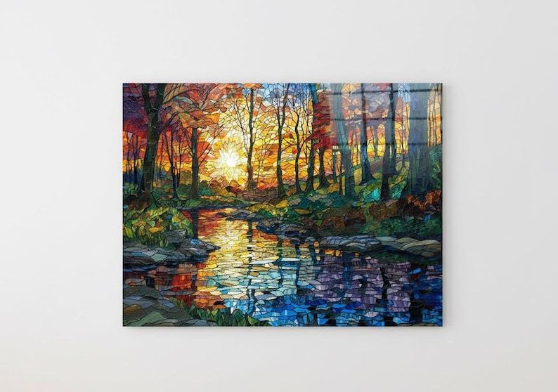 Stained Glass Forest River Tempered Wall Art | Tree Painting Print | Landscape Sunset Lake Glass Wall Art