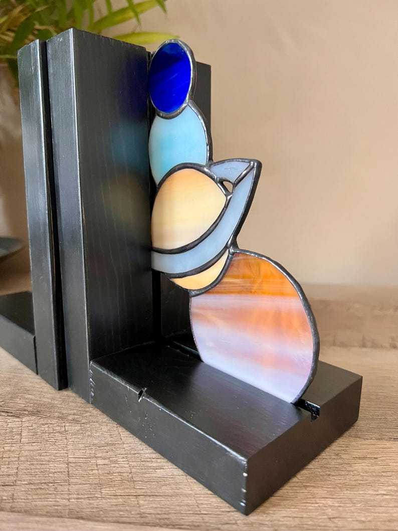 Stained Glass Planets Bookends, Celestial Shelf Decor