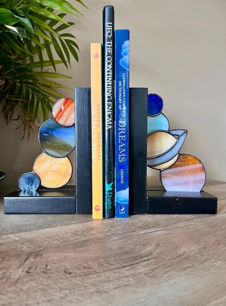Stained Glass Planets Bookends, Celestial Shelf Decor