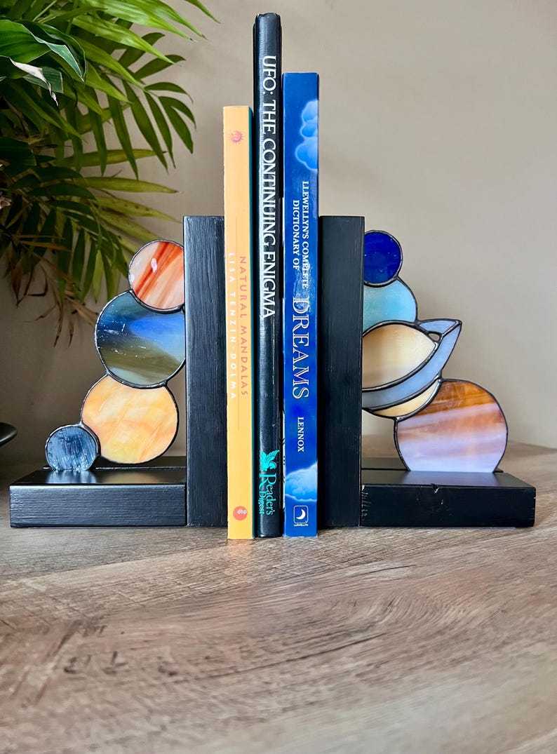 Stained Glass Planets Bookends, Celestial Shelf Decor