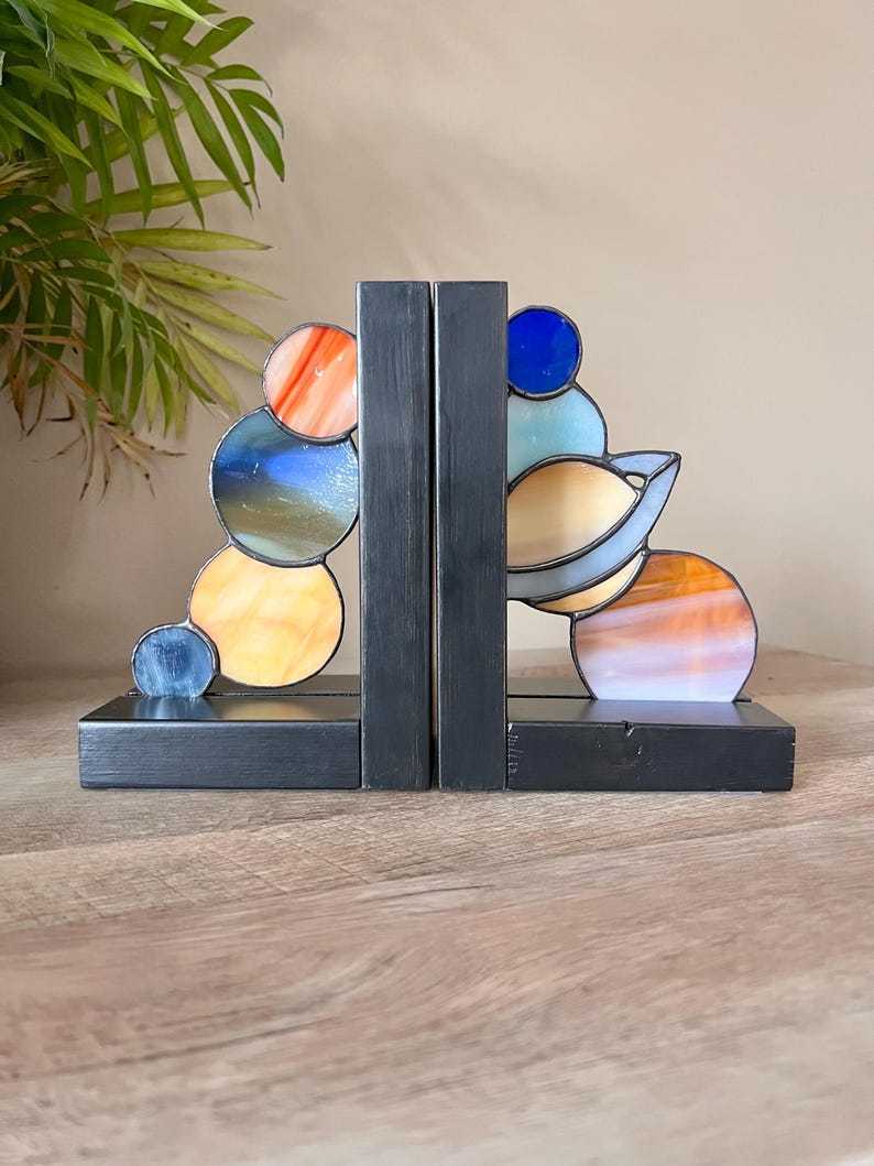 Stained Glass Planets Bookends, Celestial Shelf Decor