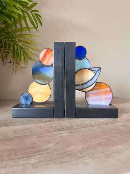 Stained Glass Planets Bookends, Celestial Shelf Decor