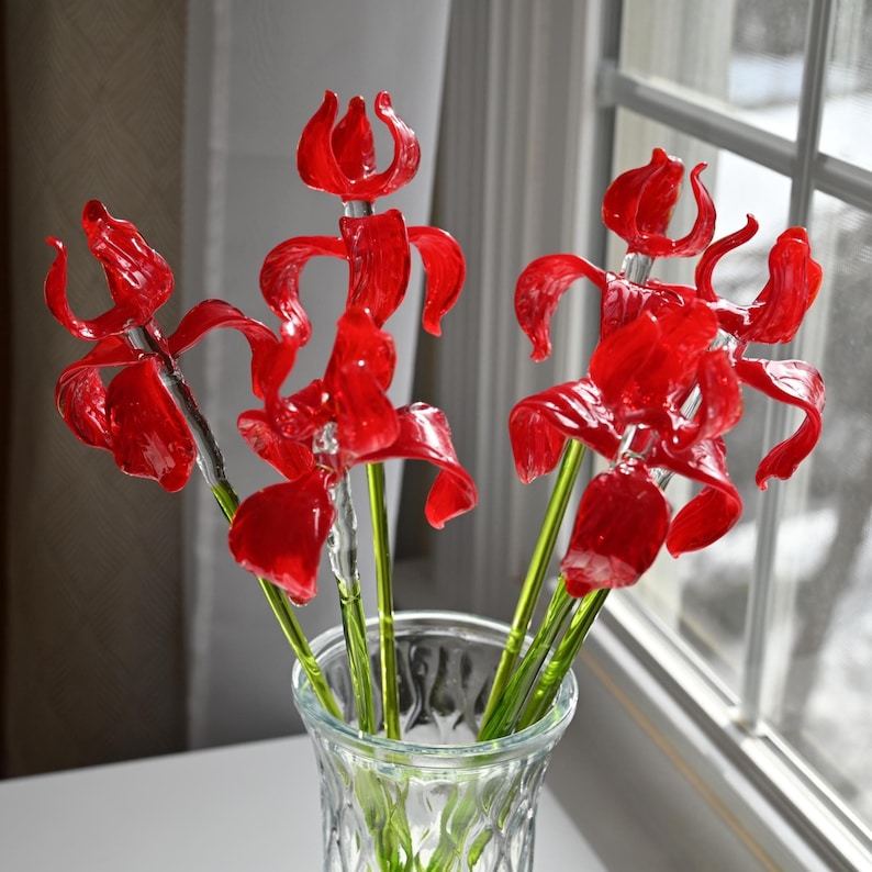Red Glass Iris - Glass Flowers Bouquet - Hand Blown Glass Flowers with Stems - Valentines day Gift for Her Handmade