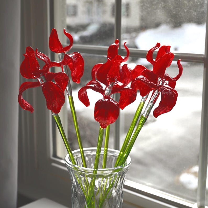 Red Glass Iris - Glass Flowers Bouquet - Hand Blown Glass Flowers with Stems - Valentines day Gift for Her Handmade