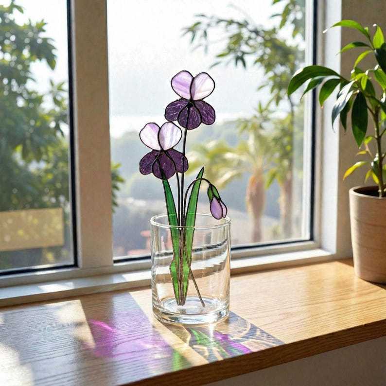 Stained Glass Violet February Birth Flower, Purple Glass Bouquet Decor