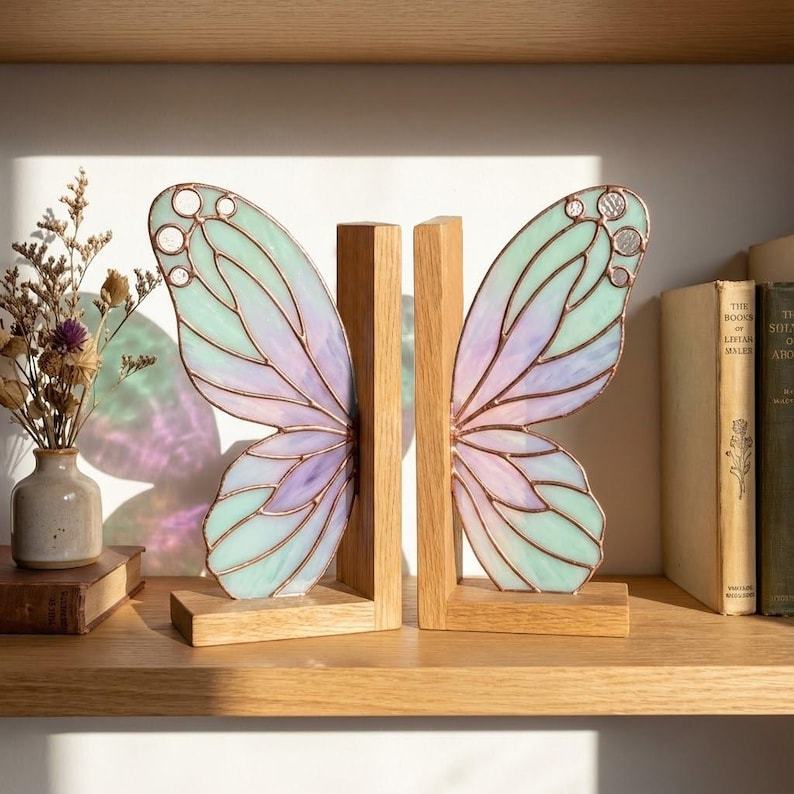 Stained Glass Butterfly Bookends, Fairy Wings Book Holder, Iridescent Glass Bookshelf Decor, Wooden Base, Cottagecore Gift for Book Lover