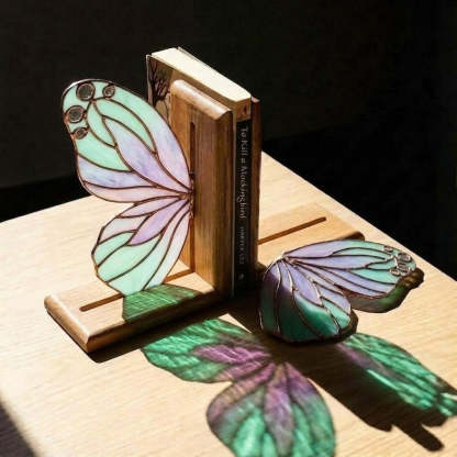 Stained Glass Butterfly Bookends, Fairy Wings Book Holder, Iridescent Glass Bookshelf Decor, Wooden Base, Cottagecore Gift for Book Lover
