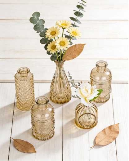 Glass Bud Vase Set of 5, Vintage Etched Flower Centerpiece