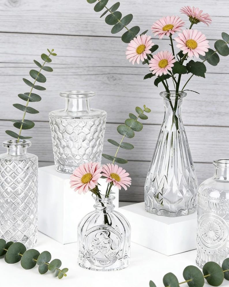 Glass Bud Vase Set of 5, Vintage Etched Flower Centerpiece