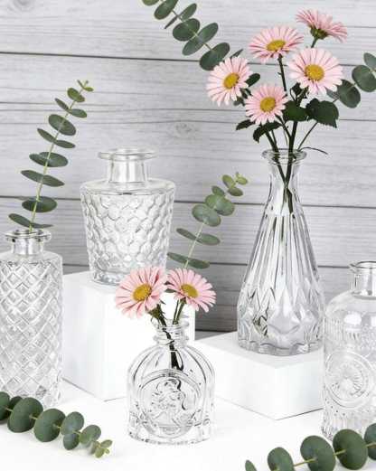 Glass Bud Vase Set of 5, Vintage Etched Flower Centerpiece