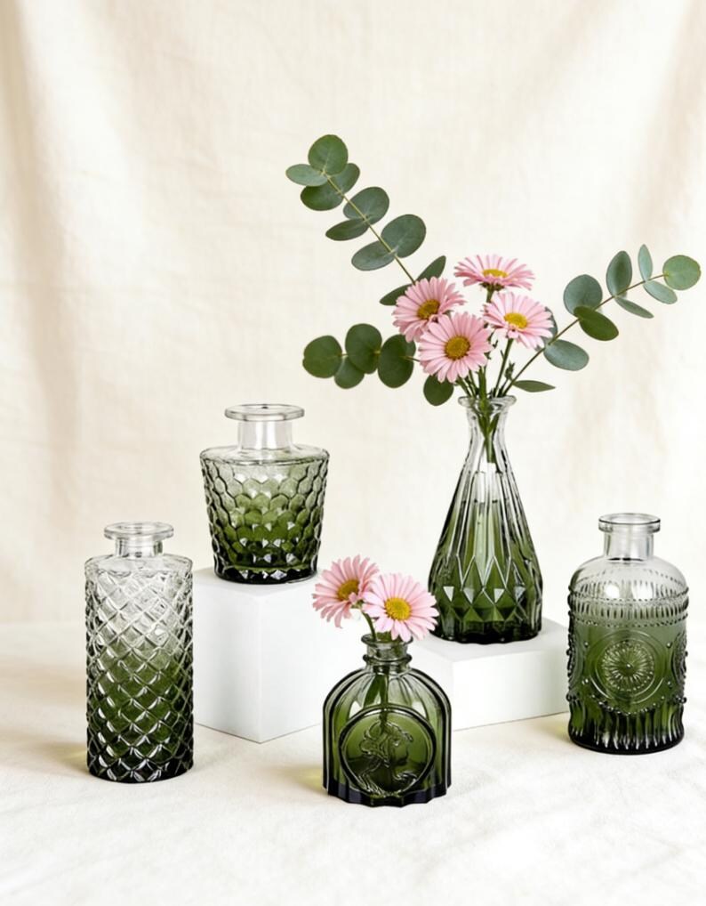 Glass Bud Vase Set of 5, Vintage Etched Flower Centerpiece