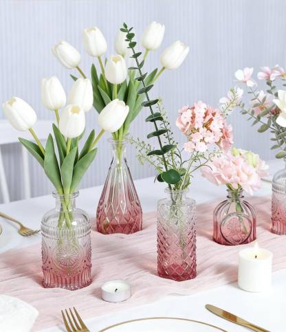 Glass Bud Vase Set of 5, Vintage Etched Flower Centerpiece