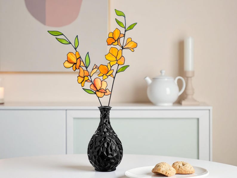 Stained Glass Flower Decor in Vase, Colorful Floral Tabletop Ornament