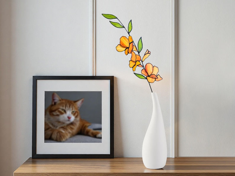 Stained Glass Flower Decor in Vase, Colorful Floral Tabletop Ornament