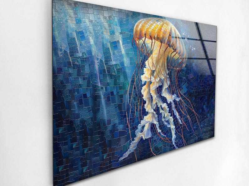 Jellyfish Ocean Blue Glass Wall Art – Golden Glow Marine