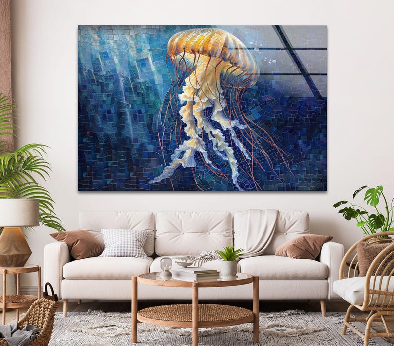 Jellyfish Ocean Blue Glass Wall Art – Golden Glow Marine