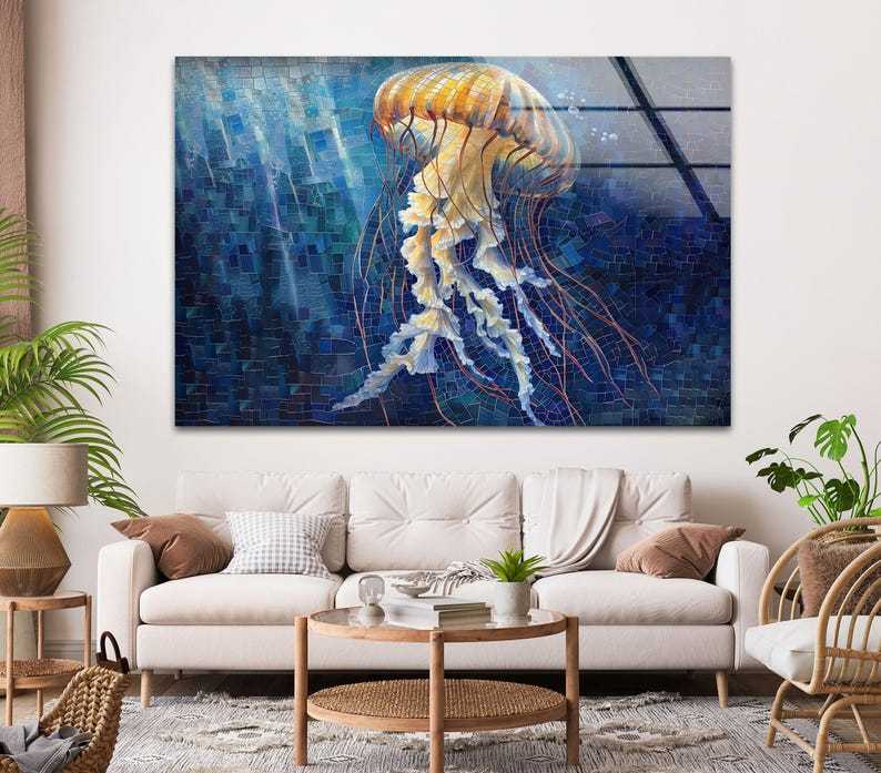 Jellyfish Ocean Blue Glass Wall Art – Golden Glow Marine