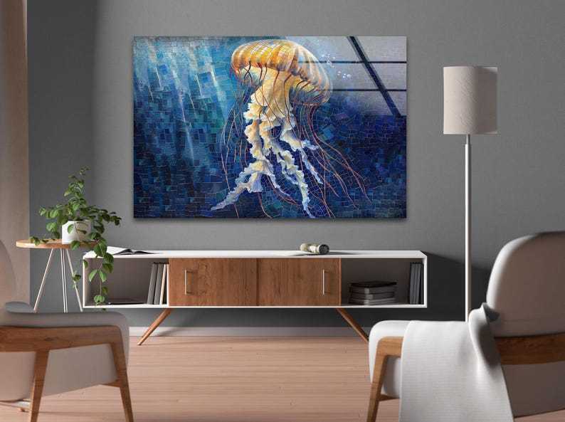 Jellyfish Ocean Blue Glass Wall Art – Golden Glow Marine