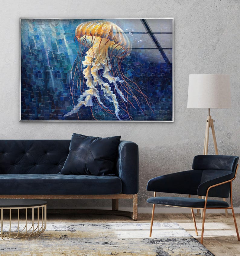 Jellyfish Ocean Blue Glass Wall Art – Golden Glow Marine