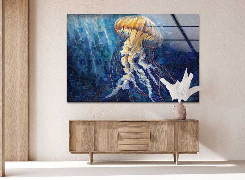 Jellyfish Ocean Blue Glass Wall Art – Golden Glow Marine