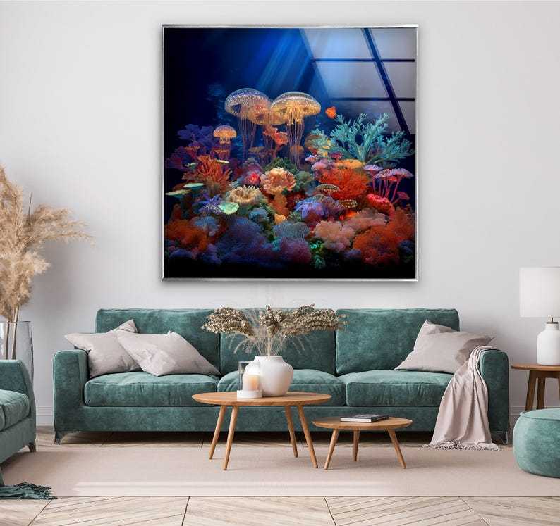 Jellyfish Coral Reef Glass Wall Art – Vibrant Ocean Decor
