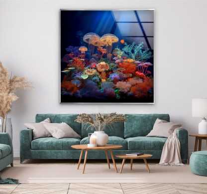 Jellyfish Coral Reef Glass Wall Art – Vibrant Ocean Decor