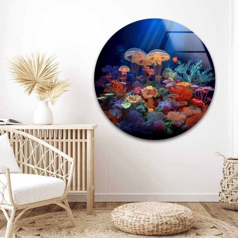 Jellyfish Coral Reef Glass Wall Art – Vibrant Ocean Decor