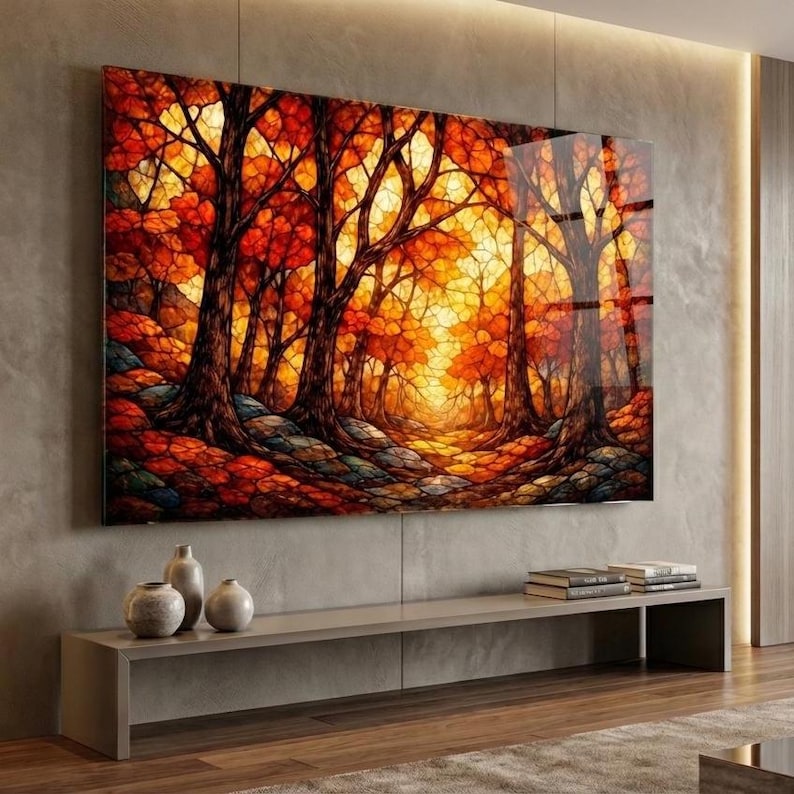 Autumn Forest Glass Wall Art – Stained Style Nature Print