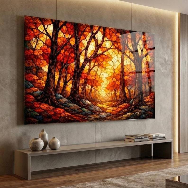 Autumn Forest Glass Wall Art – Stained Style Nature Print