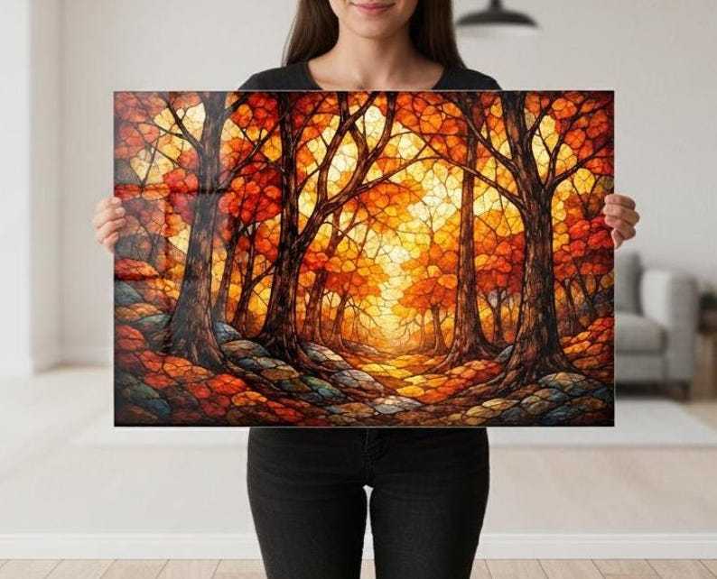 Autumn Forest Glass Wall Art – Stained Style Nature Print