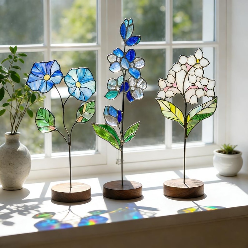Stained Glass Birth Month Flower Stake, Floral Suncatcher Garden Decor