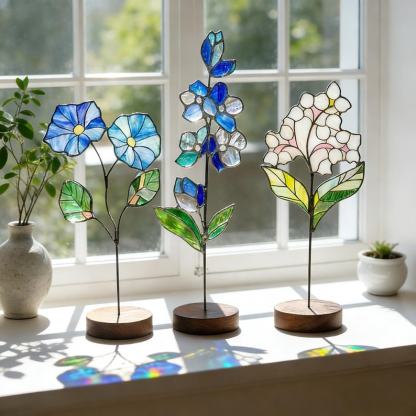 Stained Glass Birth Month Flower Stake, Floral Suncatcher Garden Decor