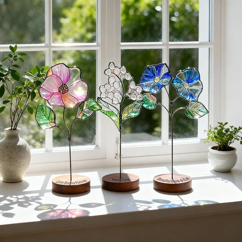 Stained Glass Birth Month Flower Stake, Floral Suncatcher Garden Decor