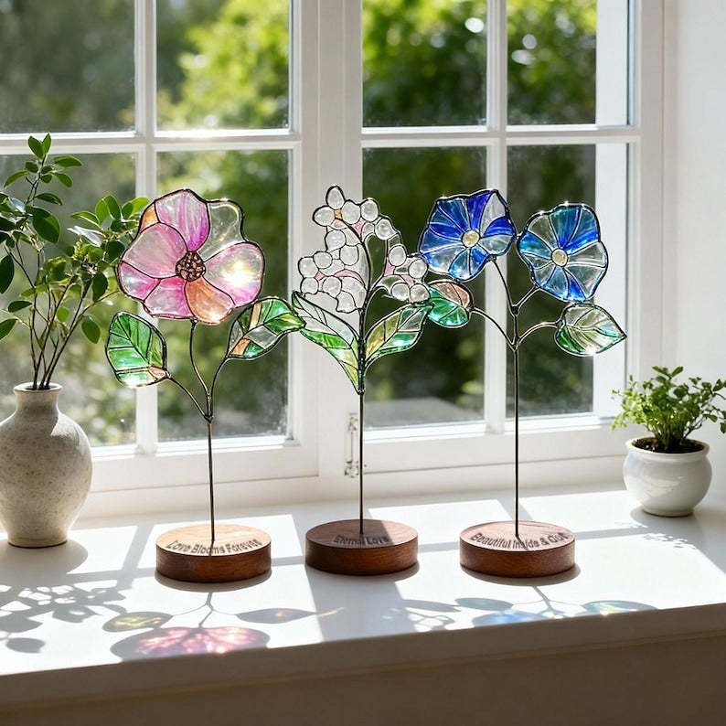 Stained Glass Birth Month Flower Stake, Floral Suncatcher Garden Decor