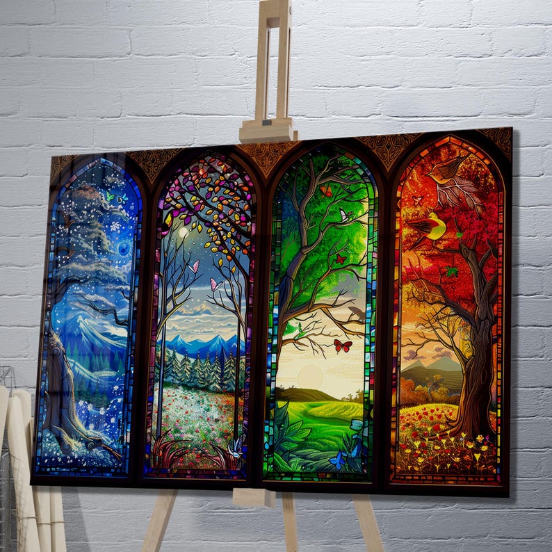Four Seasons Glass Wall Art – Stained Style Nature Print